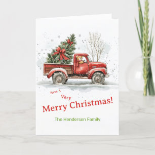 Teddy Bear Old Red Truck Vintage Christmas Holiday Card