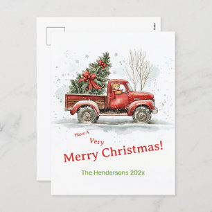 Teddy Bear Old Red Truck Vintage Christmas Holiday Postcard