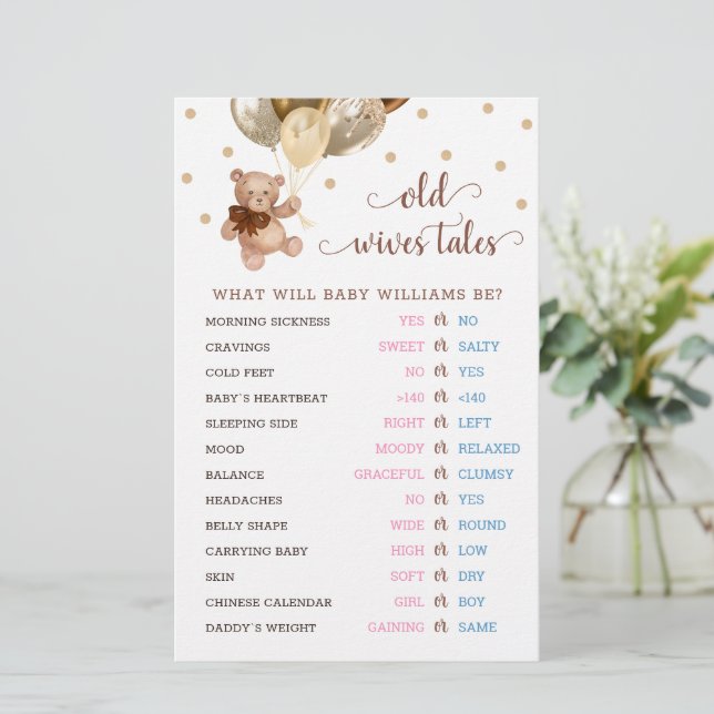 Teddy Bear Old Wives Tales Gender Reveal Baby Game (Standing Front)
