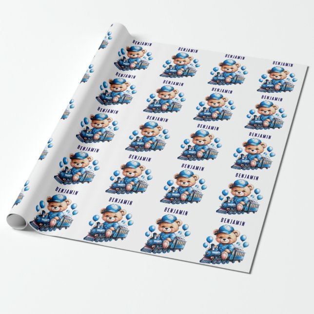 Teddy Bear On a Blue Train Boy Baby Shower Gift Wrapping Paper (Unrolled)