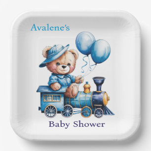 Teddy Bear On a Blue Train Boy Baby Shower Paper Plate