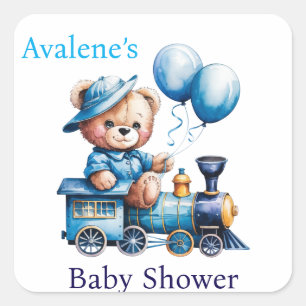 Teddy Bear On a Blue Train Boy Baby Shower Square Sticker