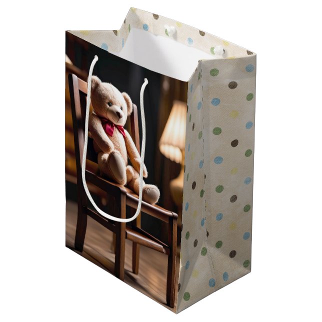 Teddy Bear On A Chair With Polka Dots Medium Gift Bag (Front Angled)