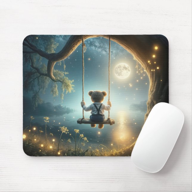 Teddy Bear On a Tree Swing With Fireflies Mouse Mat (With Mouse)
