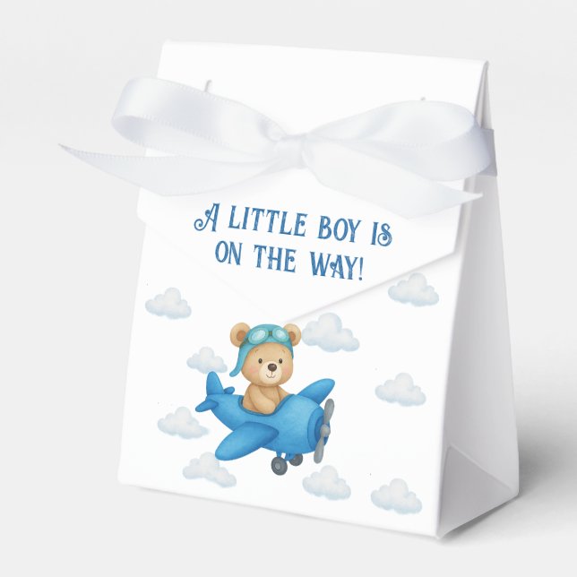 Teddy Bear on Aeroplane Baby Shower Favour Box (Front Side)