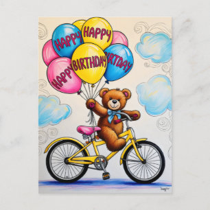 Teddy bear on bicycle holding balloons postcard