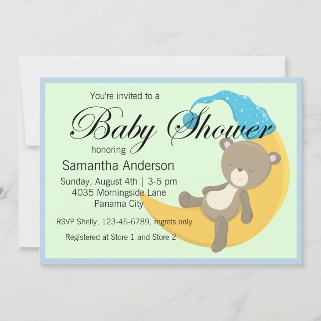 Teddy Bear on Crescent Moon Baby Shower Invitation (Front)