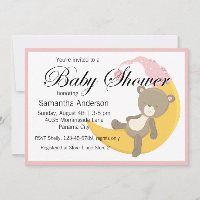 Teddy Bear on Crescent Moon Baby Shower Invitation (Front)