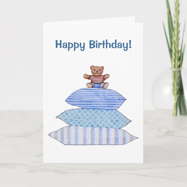 Teddy Bear on Cushions Birthday Card (Front)
