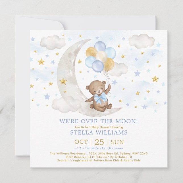 Teddy Bear on Moon Blue Gold Balloons Baby Boy Invitation (Front)