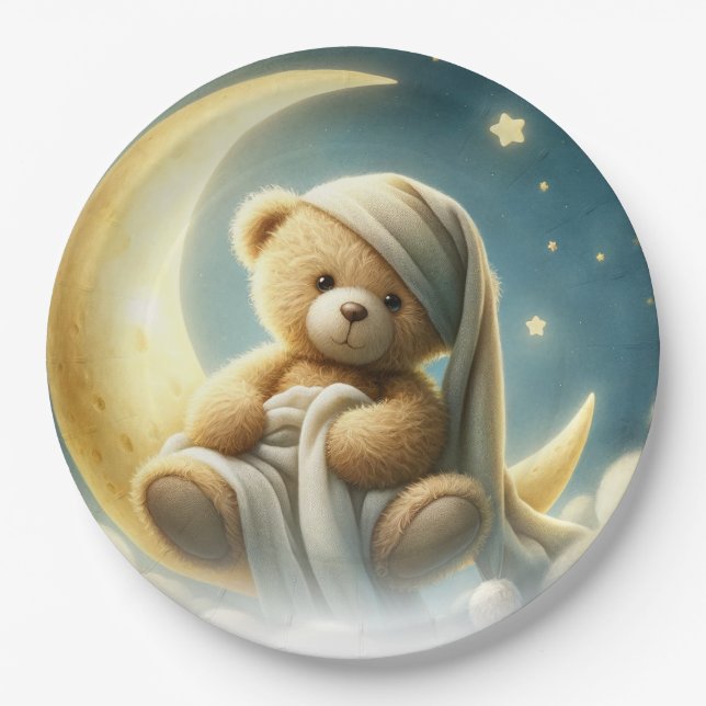 Teddy Bear on Moon Glow Stars Baby Shower Paper Plate (Front)