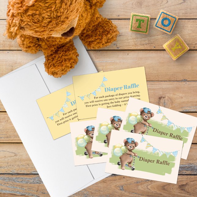 Teddy Bear on Scooter Baby Shower Diaper Raffle Business Card (Teddy Bear themed diaper raffle cards for a baby shower.)
