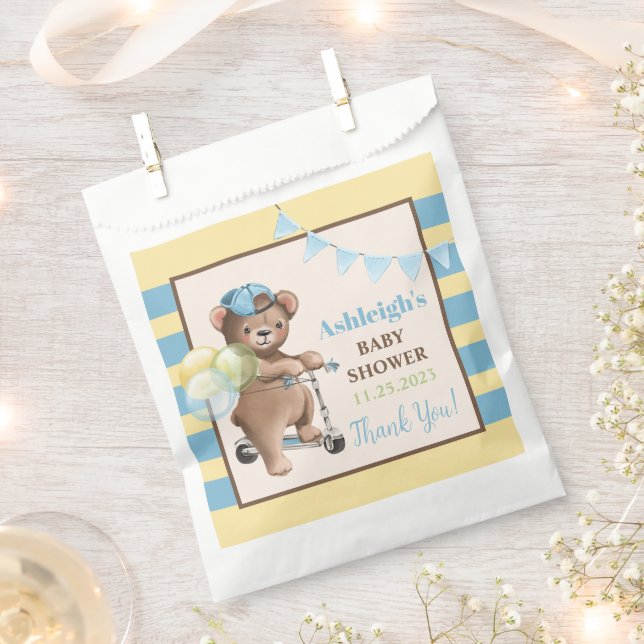 Teddy Bear on Scooter, Striped Baby Shower Favour Bags (Clipped)