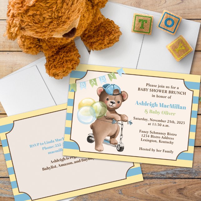Teddy Bear on Scooter, Striped Baby Shower Invitation (Creator Uploaded)