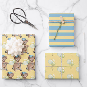 Teddy Bear on Scooter, Striped, Balloons Wrapping Paper Sheet