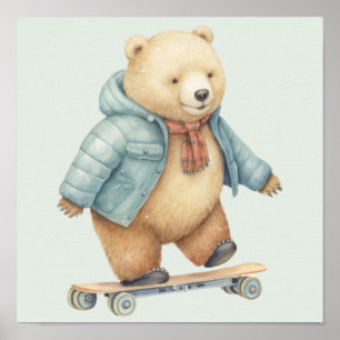 Teddy bear on skate board poster