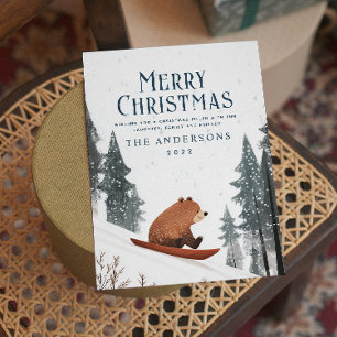 Teddy Bear On Snow Sled Merry Christmas Holiday Card