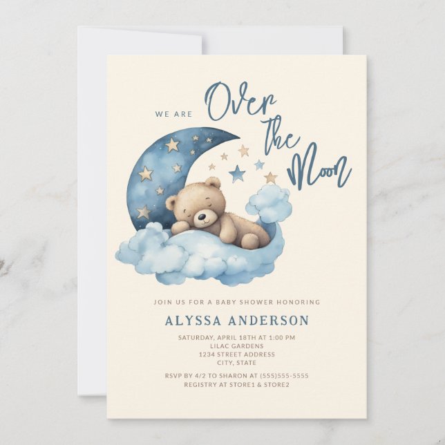 Teddy Bear Over the Moon Baby Shower Invitation (Front)