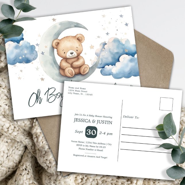 Teddy Bear Over the Moon Baby Shower Postcard (Creator Uploaded)