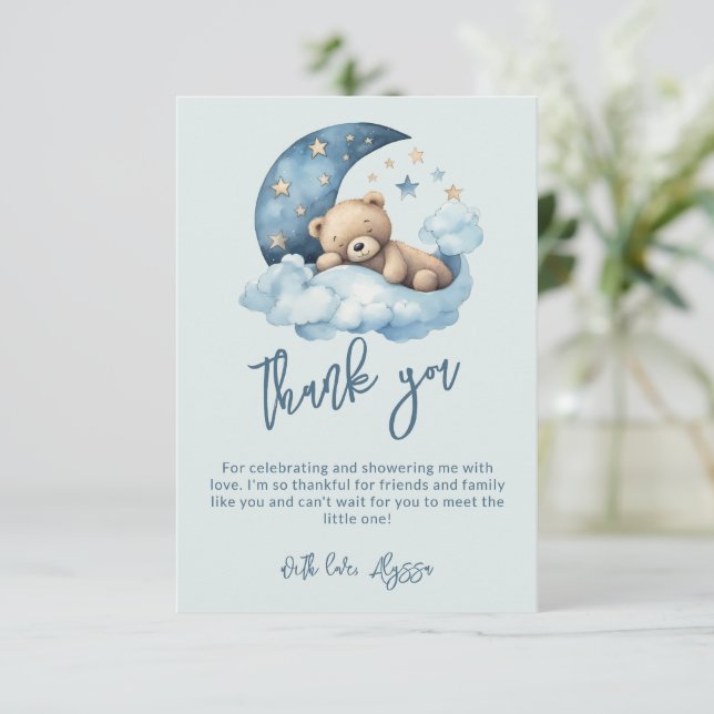 Teddy Bear Over the Moon Baby Shower Thank You Card (Standing Front)