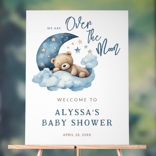 Teddy Bear Over the Moon Baby Shower Welcome Acrylic Sign (Neutral)