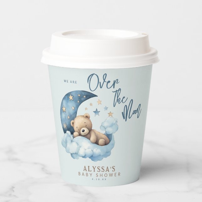 Teddy Bear Over the Moon Blue Baby Shower Paper Cups (Front)