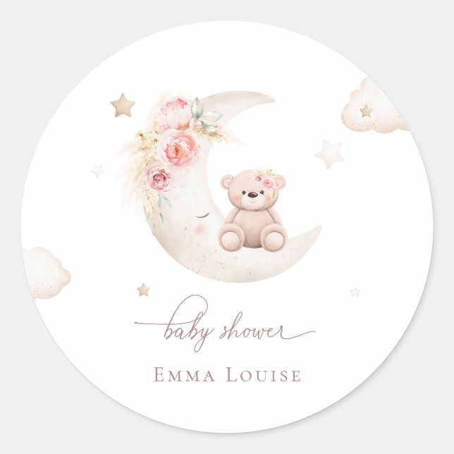 Teddy Bear Over The Moon Neutral Baby Shower  Classic Round Sticker (Front)