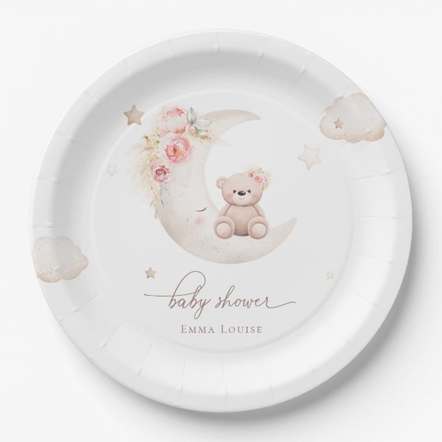 Teddy Bear Over The Moon Neutral Baby Shower  Paper Plate (Front)