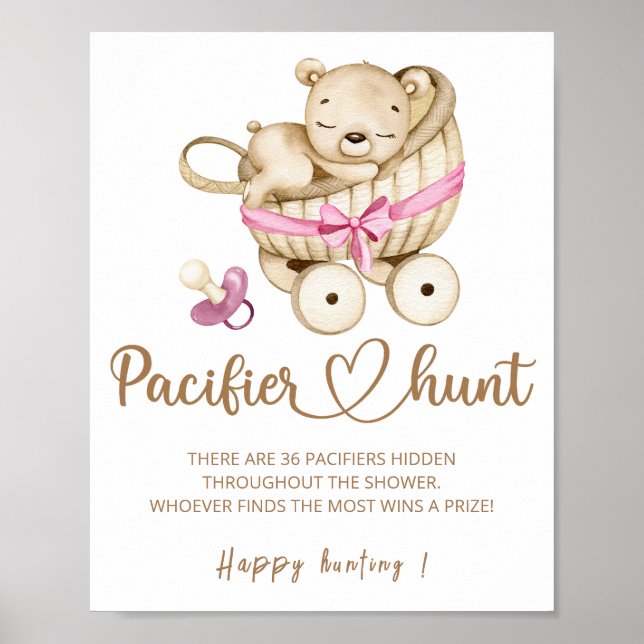 Teddy bear Pacifier hunt baby shower game poster (Front)