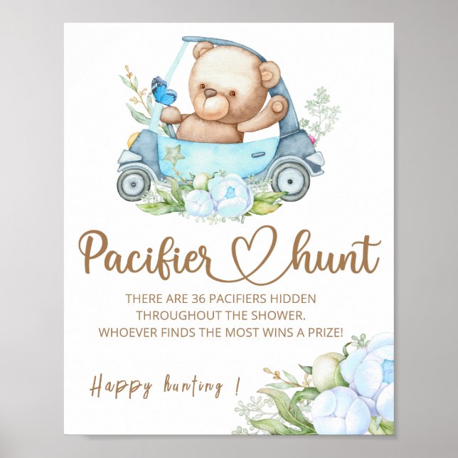 Teddy bear Pacifier hunt baby shower game poster (Front)