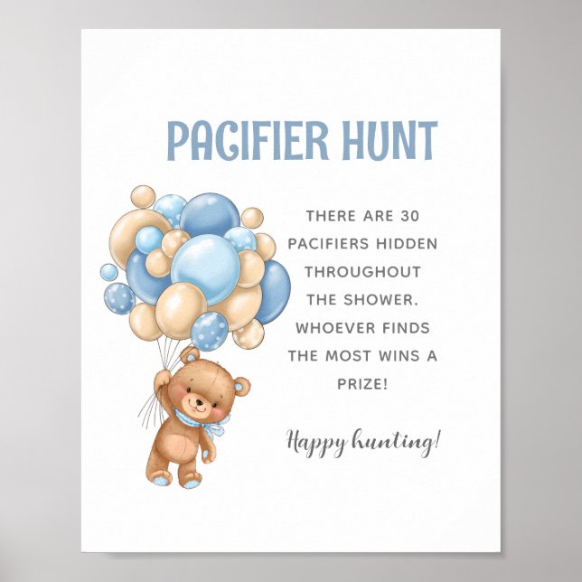 Teddy Bear Pacifier Hunt Baby Shower Game Poster (Front)