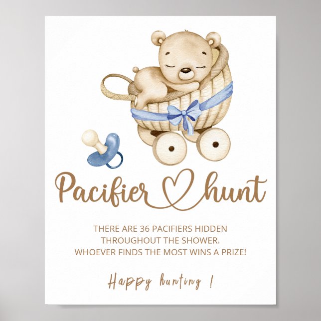 Teddy bear Pacifier hunt baby shower game poster (Front)