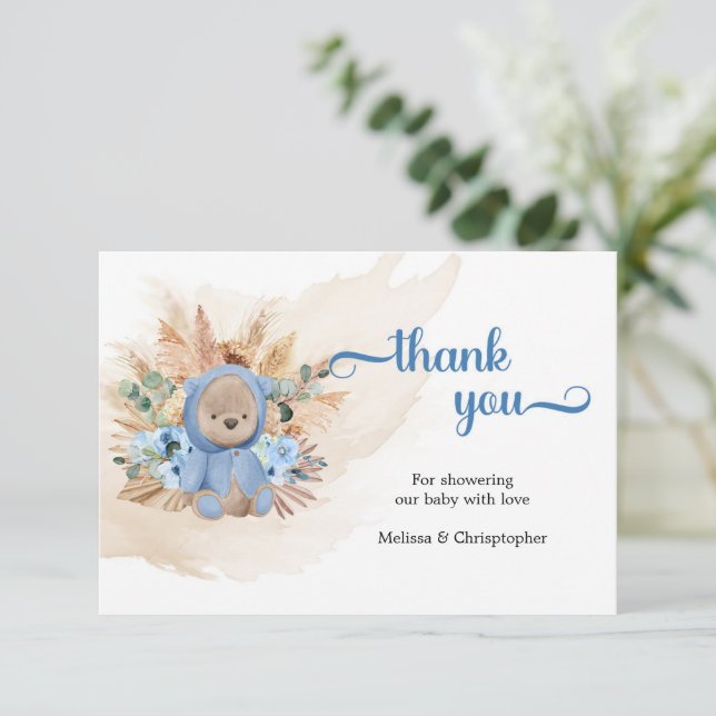 Teddy bear pampas blue flowers palm leaf thank you enclosure card (Standing Front)