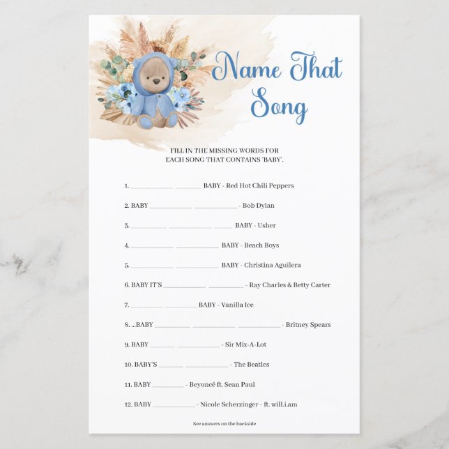 Teddy bear pampas grass blue floral Name That Song (Front)