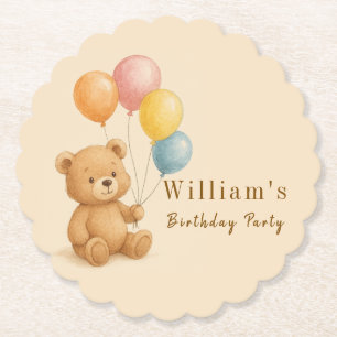 Teddy Bear Paper Coaster with Pastel Balloons