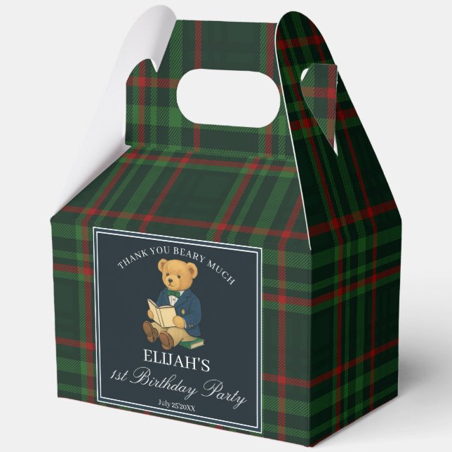 Teddy bear party favors green plaid personalized favour box (Front)