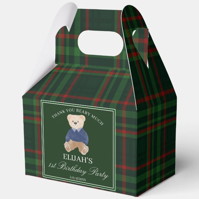 Teddy bear party favors green plaid personalized favour box (Front)