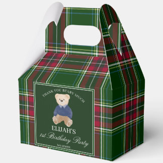 Teddy bear party favors green plaid personalized favour box