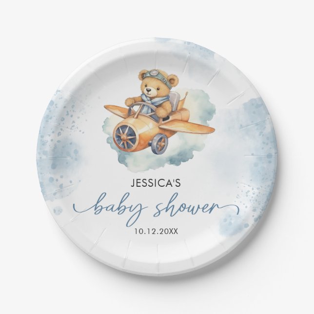 Teddy Bear Pastel Baby Shower Boy Paper Plate (Front)