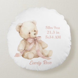 Teddy Bear Pastel Champagne  Gold Baby Girl Birth Round Cushion