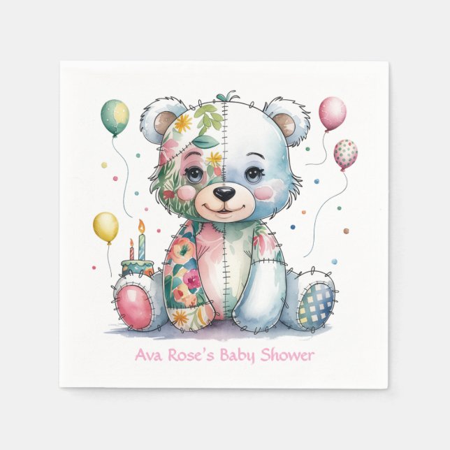 Teddy Bear Patchwork in Floral Girl Baby Shower Napkin (Front)