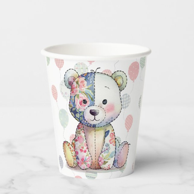Teddy Bear Patchwork in Floral Girl Baby Shower Paper Cups (Front)
