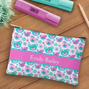 Teddy bear patterned pink aqua name pencil case accessory pouch