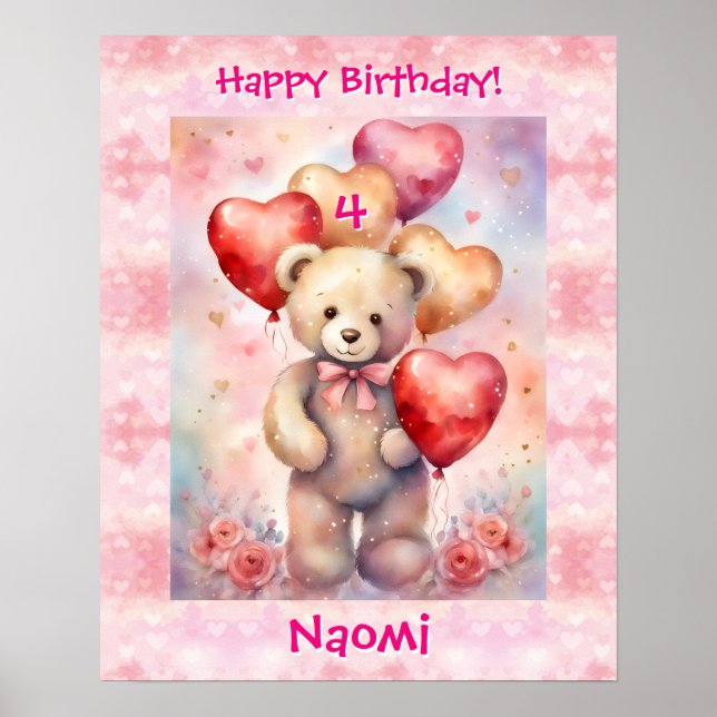 Teddy Bear Personalise Name Age Birthday Party Poster (Front)