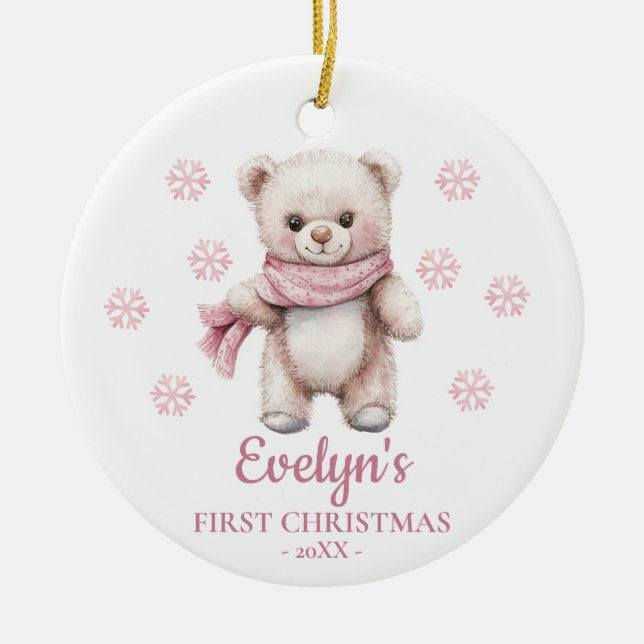 Teddy Bear Personalized Girl's First Christmas Ceramic Tree Decoration (Front)