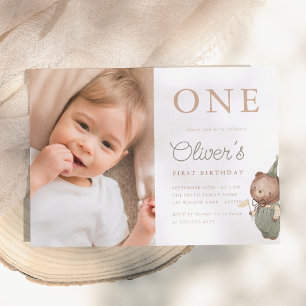 Teddy Bear Photo First Birthday Party Invitation