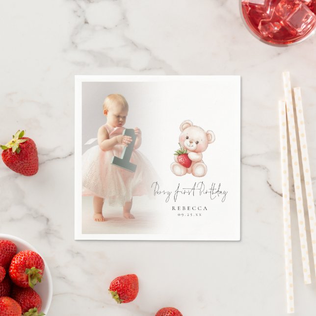 Teddy Bear Photo Overlay Berry First Birthday Napkin (Insitu)