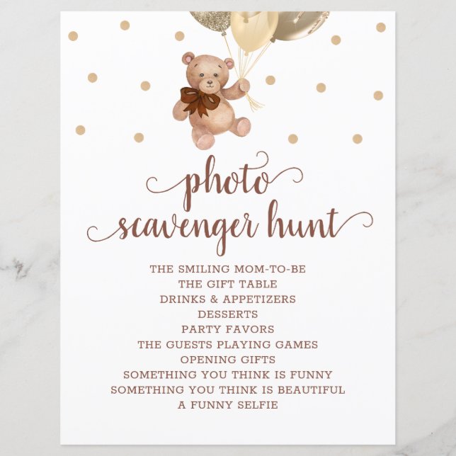 Teddy Bear Photo Scavenger Hunt Baby Shower Game (Front)