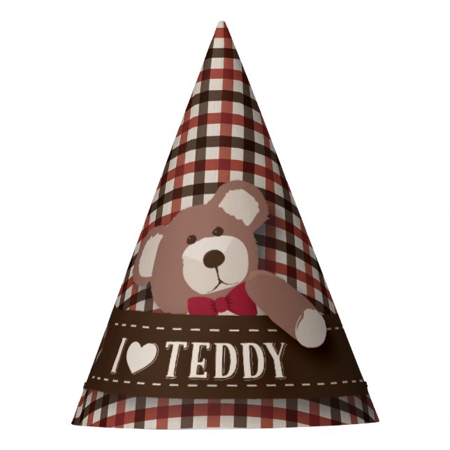 Teddy Bear Picnic Birthday -Brown and Red Gingham Party Hat (Front)