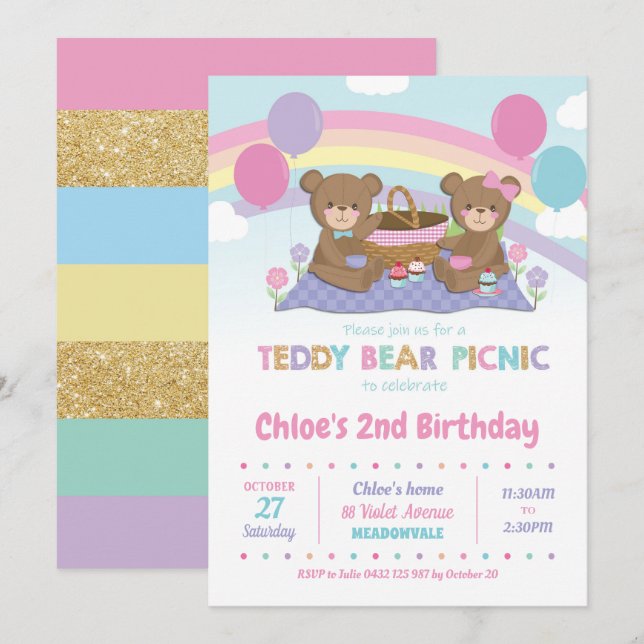 Teddy Bear Picnic Birthday Invitations Girl (Front/Back)